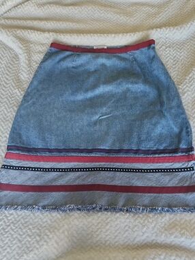 Christopher & Banks Blue Denim A-Line Skirt with Pink Ribbon Stripe Details